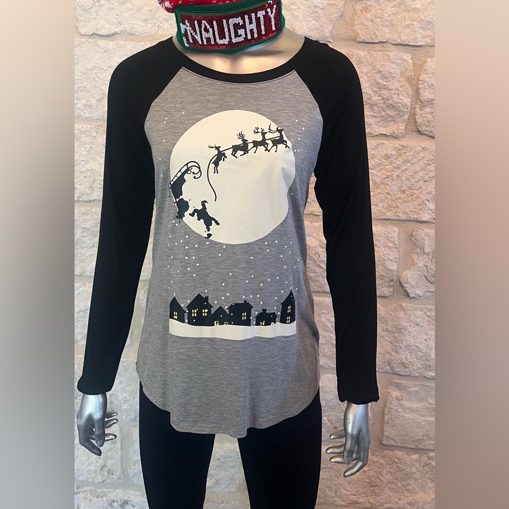 Santa Sleigh Silhouette Raglan | Cozy Long Sleeve Christmas Shirt | NWT